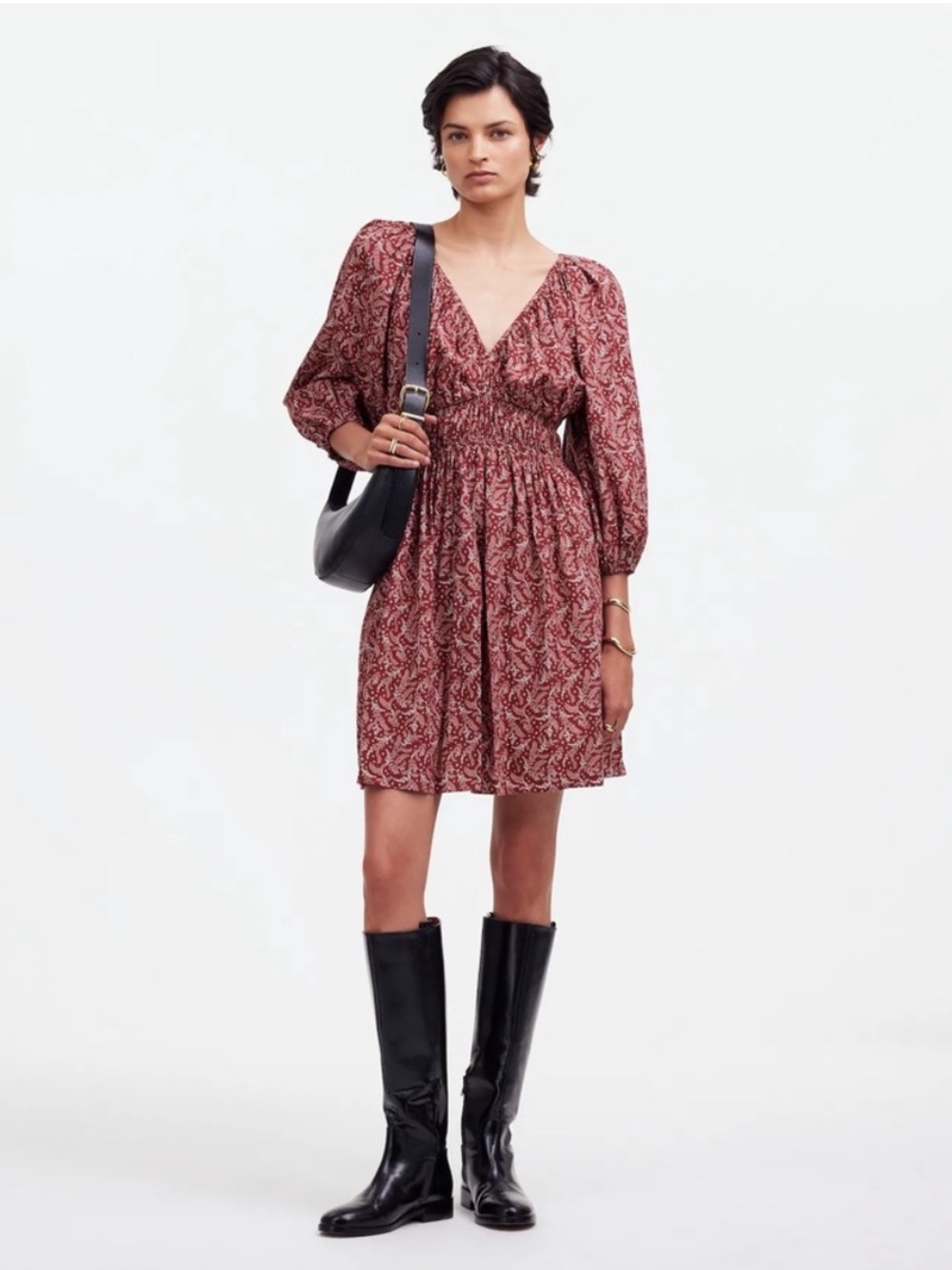 Madewell Puff-Sleeve V-Neck Mini Dress in Paisley Floral